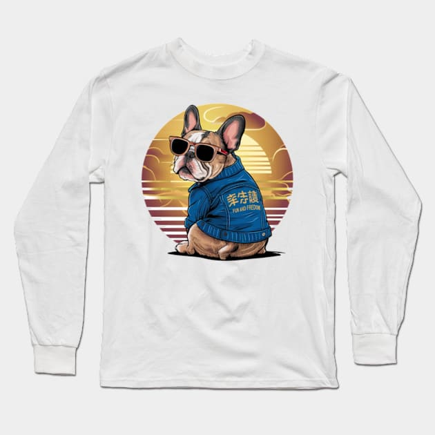 A vibrant vector illustration of a French Bulldog wearing sunglasses and a blue jean jacket, embodying a carefree(3) Long Sleeve T-Shirt by YolandaRoberts